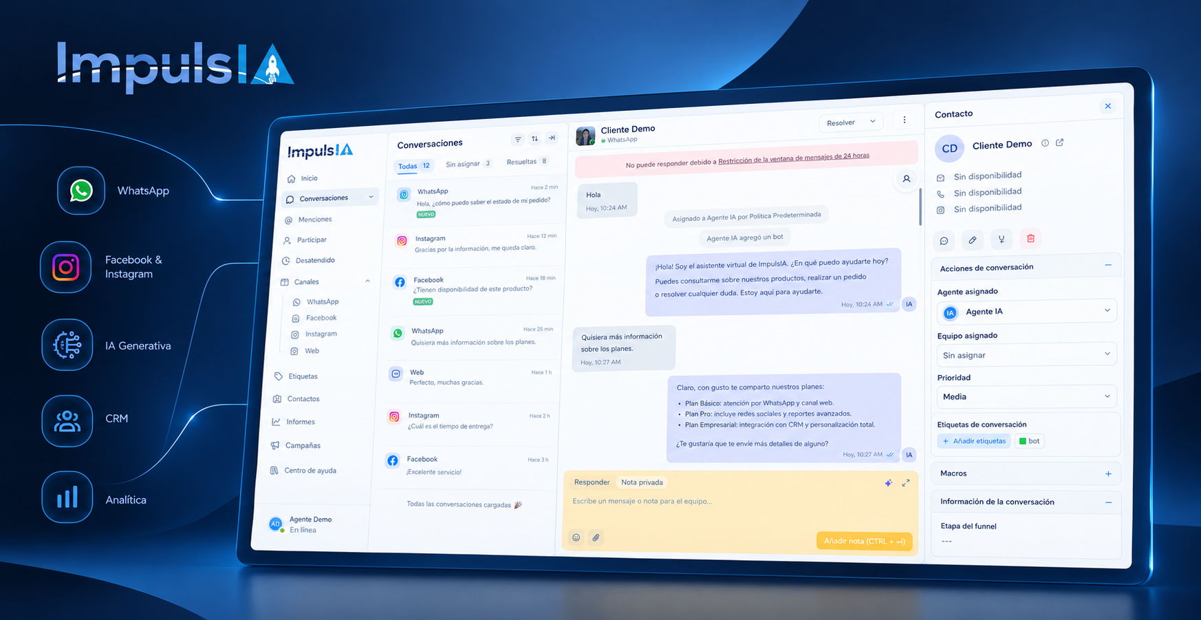 Panel donde gestionas las conversaciones de tus clientes en un solo lugar